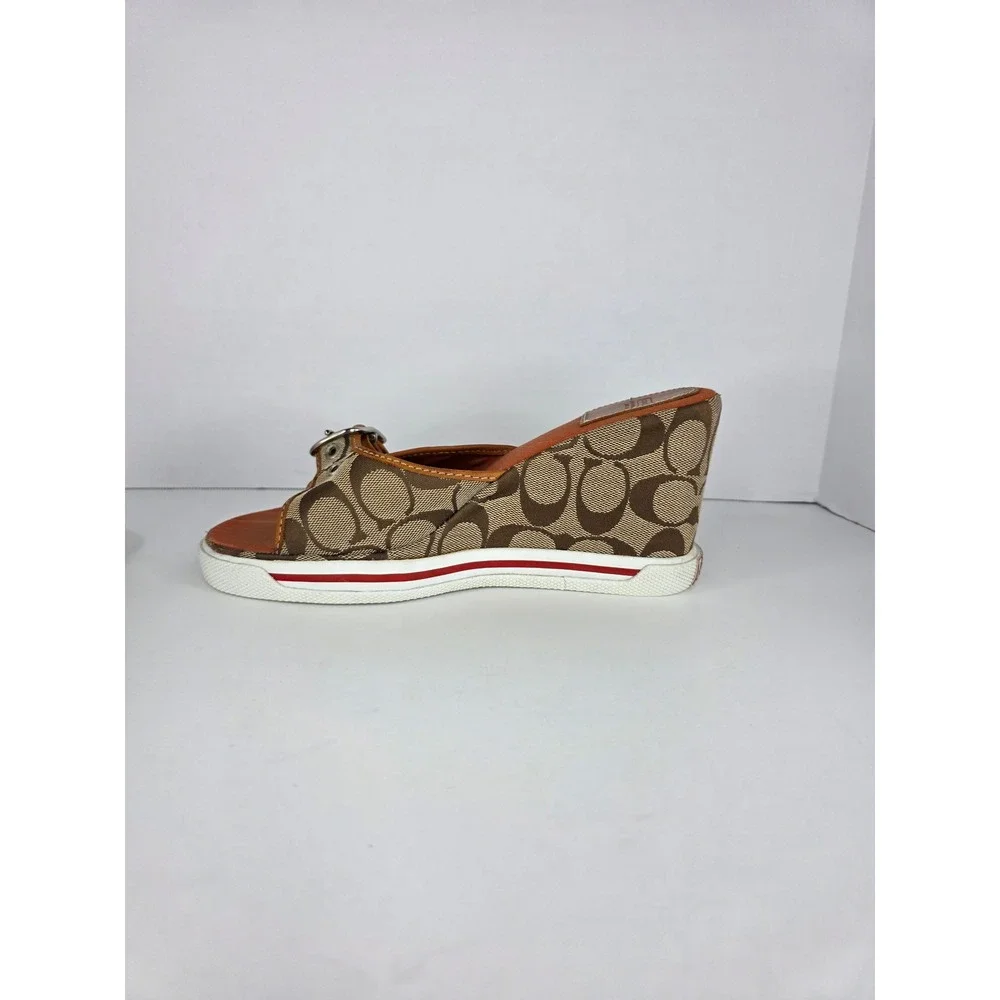 Coach Alyssa Wedge Sandals Womens 8.5 B Brown Canvas Monogram Buckle C Logo